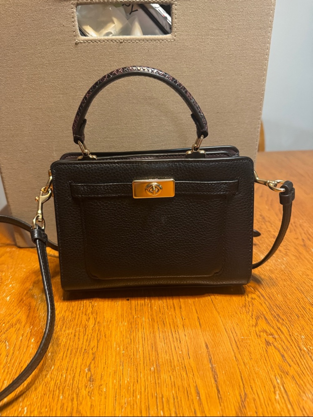 Women's Coach Black Leather Top-Handle Satchel with Gold Hardware